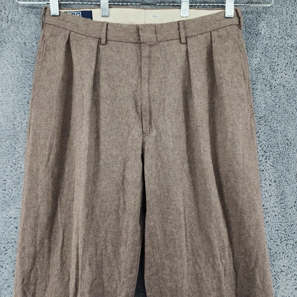 Polo Ralph Lauren Pants Men 34x32 Brown Micro Herringbone Pleated Cuffed Vintage